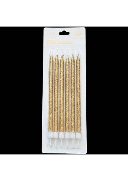 Altın Simli Ince Uzun Pasta Mum 16 cm * 6 Adet