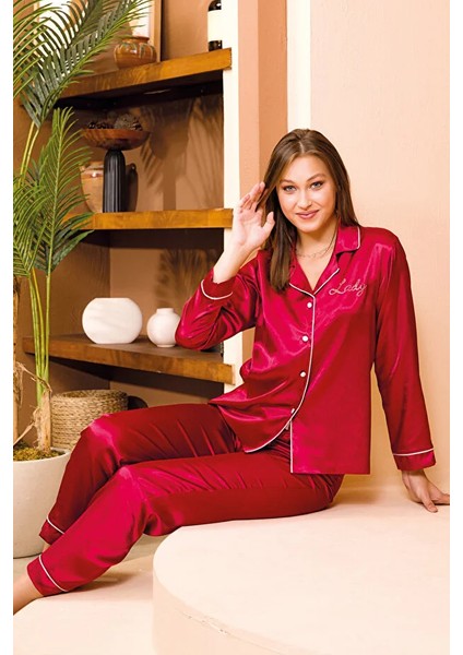 Lady Saten Kırmızı Renkli Lüks A Kalite Saten Gecelik Takımı