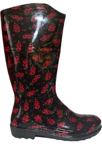 Kadın Kırmızı Siyah Çiçekli 35 cm Uzun Bahçe Yağmur Çizmesi EMKK309-210