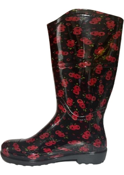 Kadın Kırmızı Siyah Çiçekli 35 cm Uzun Bahçe Yağmur Çizmesi EMKK309-210 fiyatları