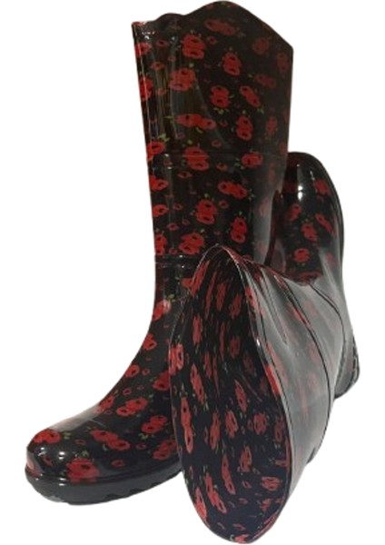 Kadın Kırmızı Siyah Çiçekli 35 cm Uzun Bahçe Yağmur Çizmesi EMKK309-210 modelleri