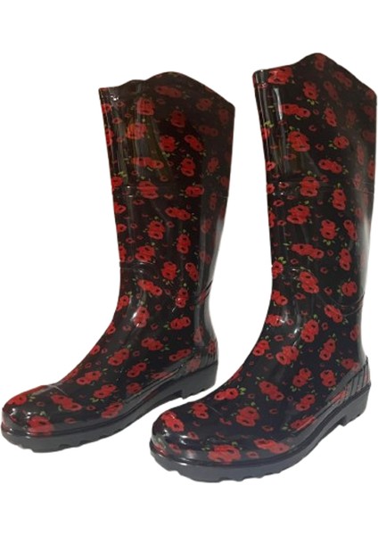 Kadın Kırmızı Siyah Çiçekli 35 cm Uzun Bahçe Yağmur Çizmesi EMKK309-210 fırsatları