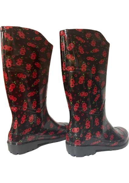 Kadın Kırmızı Siyah Çiçekli 35 cm Uzun Bahçe Yağmur Çizmesi EMKK309-210 indirimleri