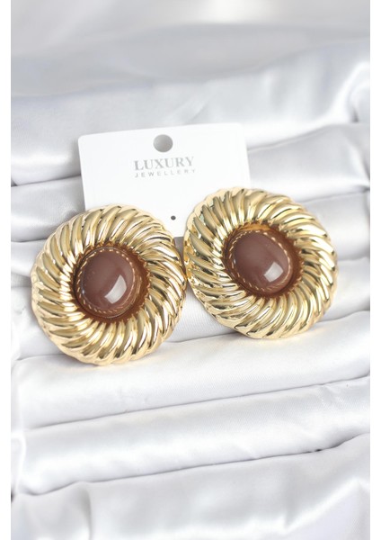 Pirinç Gold Renk Kahverengi Boncuklu Vintage Kadın Küpe