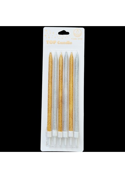 Altın Gümüş Simli Ince Uzun Pasta Mum 16 cm * 6 Adet