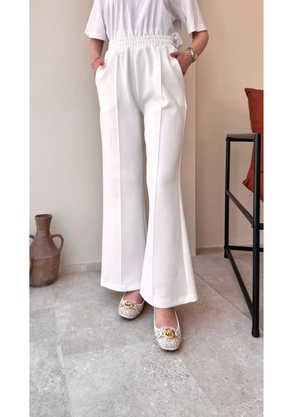 Kadın Bol Paça Çımalı Scuba Pantolon M7071 - Beyaz