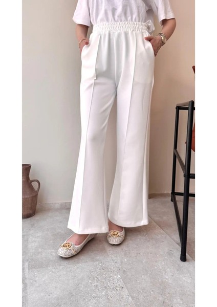 Kadın Bol Paça Çımalı Scuba Pantolon M7071 - Beyaz fiyatları