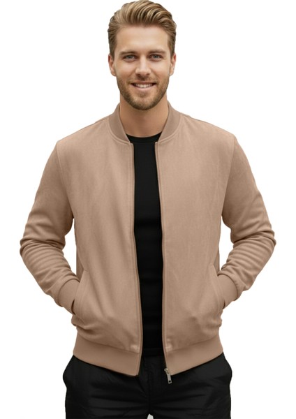 Erkek Vizon Dar Kesim Likralı Fermuarlı Süet Ceket – Mevsimlik Ince Premium Mont 2504334