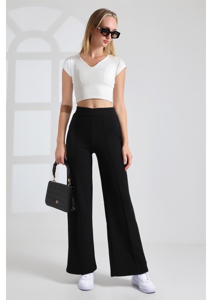 Kadın Önü Nervürlü Geniş Kalıp Bol Paça Modal Kumaş Yüksek Bel Toparlayıcı Pantolon Tayt fırsatları