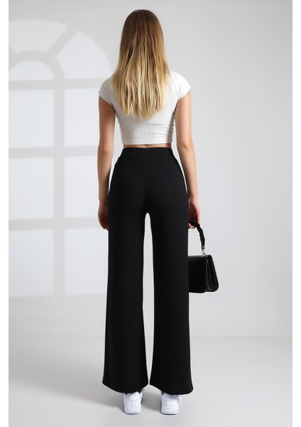 Kadın Önü Nervürlü Geniş Kalıp Bol Paça Modal Kumaş Yüksek Bel Toparlayıcı Pantolon Tayt