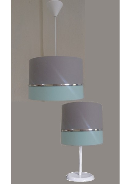 Gri Yeşil M-719 Kumaş Kaplama 2.li Set Yatak Odası Genç ve Çocuk Odası Avize ve Abajur Seti