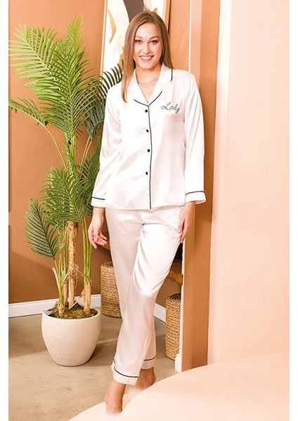 Lady Saten Beyaz Lüks A Kalite Saten Gecelik Takımı