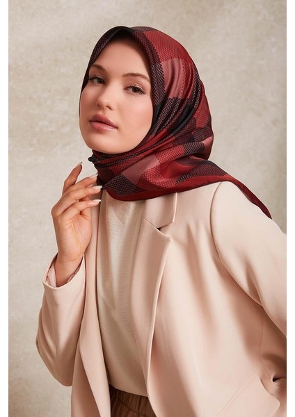 Bordo Noktalı Kareli Baskı Twill Ipek EŞARP-0934