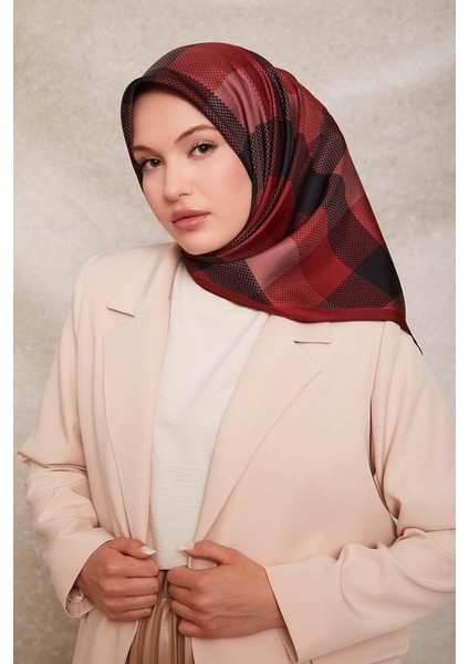 Bordo Noktalı Kareli Baskı Twill Ipek EŞARP-0934 fiyatları