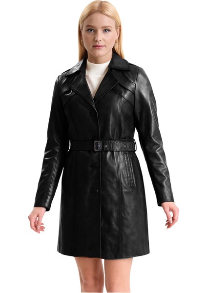 Derije Betty Hakiki Deri Kadın Siyah Trençkot