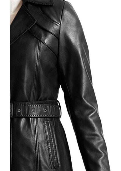 Derije Betty Hakiki Deri Kadın Siyah Trençkot modelleri