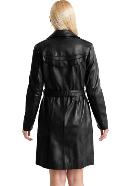 Derije Betty Hakiki Deri Kadın Siyah Trençkot fırsatları