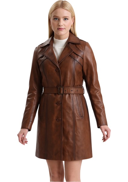 Derije Betty Hakiki Deri Kadın Taba Trençkot