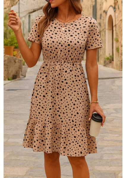 Kadın Kısa Kollu Bisiklet Yaka Desenli Süprem Elbise