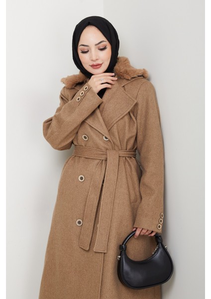 Kadın Kürk Detaylı Kruvaze Yaka Kuşaklı Kaşe Kaban -PMK492 fiyatları
