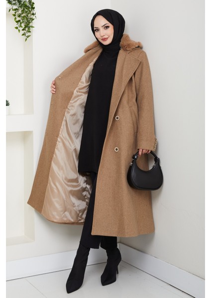 Kadın Kürk Detaylı Kruvaze Yaka Kuşaklı Kaşe Kaban -PMK492 modelleri