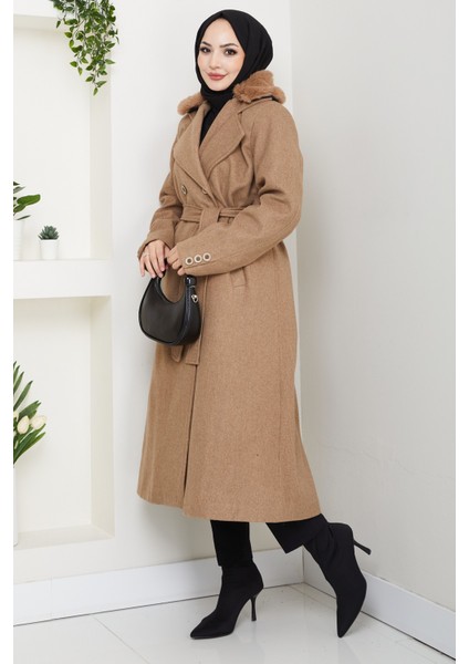 Kadın Kürk Detaylı Kruvaze Yaka Kuşaklı Kaşe Kaban -PMK492 fırsatları