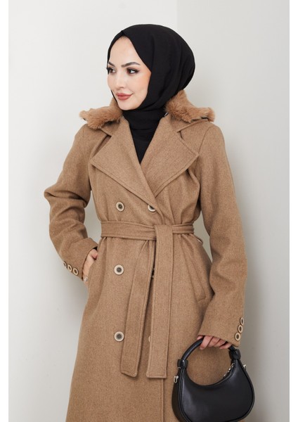 Kadın Kürk Detaylı Kruvaze Yaka Kuşaklı Kaşe Kaban -PMK492 indirimleri