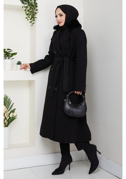 Kadın Kürk Detaylı Kruvaze Yaka Kuşaklı Kaşe Kaban -PMK492