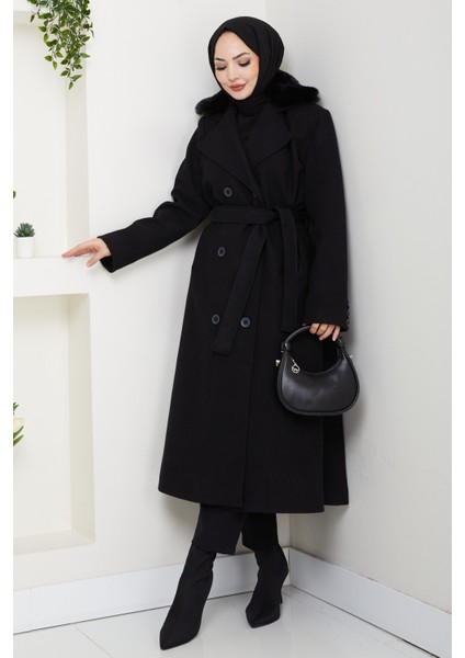 Kadın Kürk Detaylı Kruvaze Yaka Kuşaklı Kaşe Kaban -PMK492 fiyatları