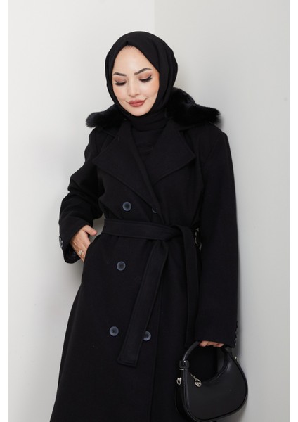 Kadın Kürk Detaylı Kruvaze Yaka Kuşaklı Kaşe Kaban -PMK492 modelleri