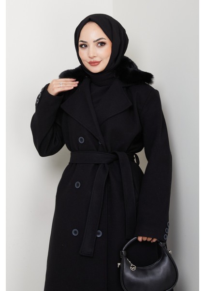 Kadın Kürk Detaylı Kruvaze Yaka Kuşaklı Kaşe Kaban -PMK492 fırsatları