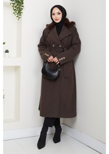 Kadın Kürk Detaylı Kruvaze Yaka Kuşaklı Kaşe Kaban -PMK492