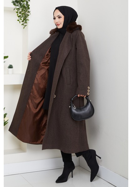 Kadın Kürk Detaylı Kruvaze Yaka Kuşaklı Kaşe Kaban -PMK492 fiyatları