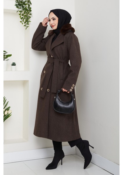 Kadın Kürk Detaylı Kruvaze Yaka Kuşaklı Kaşe Kaban -PMK492 modelleri