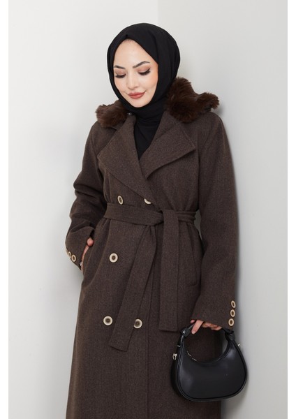 Kadın Kürk Detaylı Kruvaze Yaka Kuşaklı Kaşe Kaban -PMK492 fırsatları