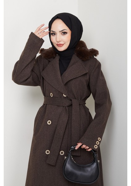 Kadın Kürk Detaylı Kruvaze Yaka Kuşaklı Kaşe Kaban -PMK492 indirimleri