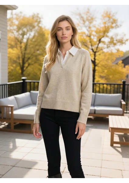 Kadın Gömlek Detaylı Triko Kazak Taş