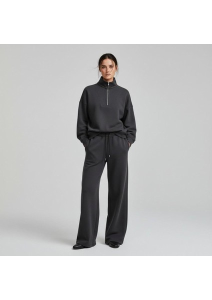 Kadın Yarım Fermuarlı Modal Kumaş Takım Antrasit