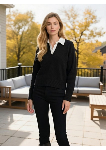 Kadın Gömlek Detaylı Triko Kazak Siyah