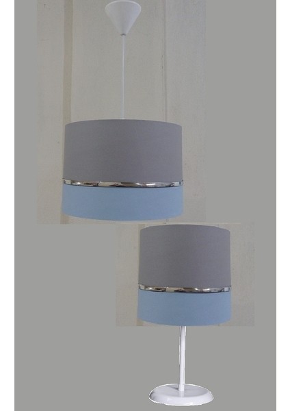 Gri Mavi M-729 Kumaş Kaplama 2.li Set Yatak Odası Genç ve Çocuk Odası Avize ve Abajur Seti