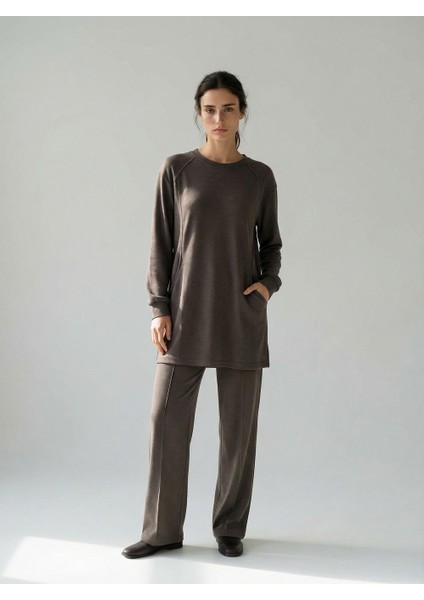 Kadın Cebli Modal Kumaş Takım Kahverengi