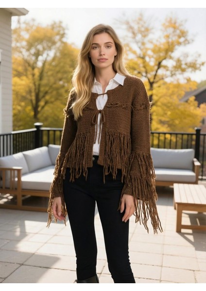 Kadın Püsküllü Triko Hırka Kahverengi