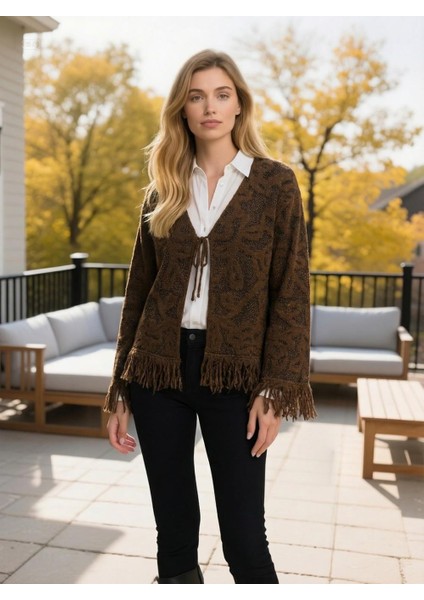 Kadın Çilek Desenli Triko Hırka Kahverengi