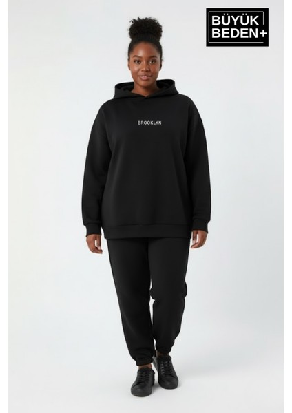 Kadın Büyük Beden Kapüşonlu Brooklyn Baskılı Sweatshirt SPR26BSWK961