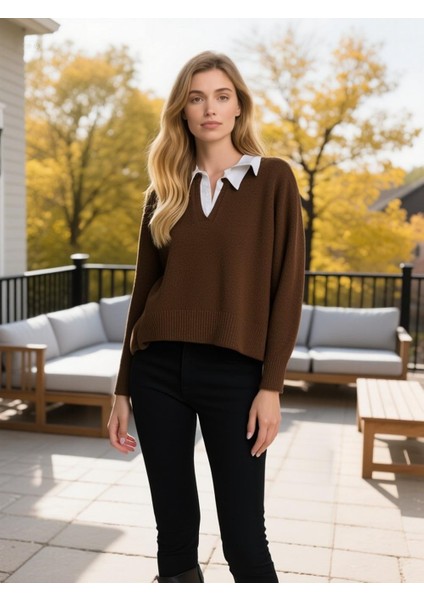 Kadın Gömlek Detaylı Triko Kazak Kahverengi