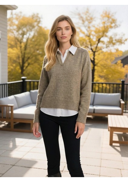 Kadın Gömlek Detaylı Triko Kazak Vizon