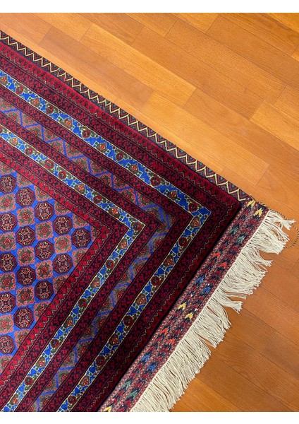 El Dokuma Afgan Halı Ince Dokuma Bordo Mavi Renk 3 Metre Kare
