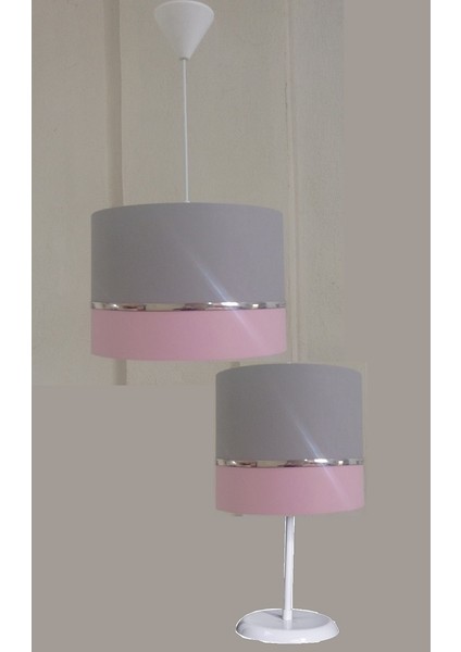 Gri Pembe M-724 Kumaş Kaplama 2.li Set Yatak Odası Genç ve Çocuk Odası Avize ve Abajur Seti