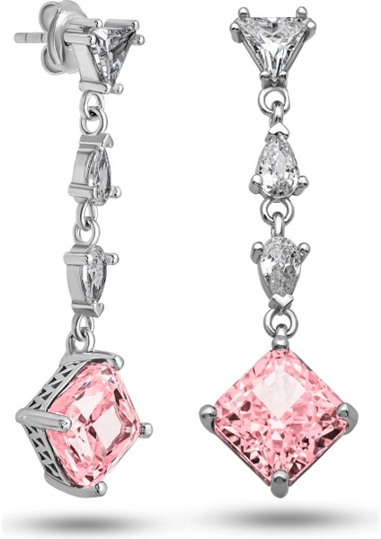 Gümüş Ice Cut Pembe Zirkon Taşlı Işıltılı Kadın Küpe