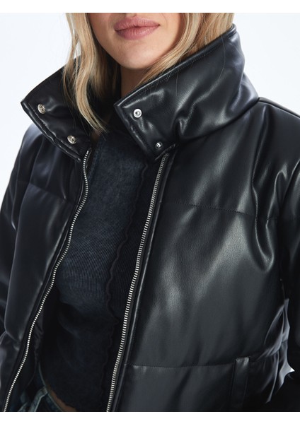 Yeni Sezon Dik Yaka Düz Deri Görünümlü Kadın Şişme Mont fırsatları